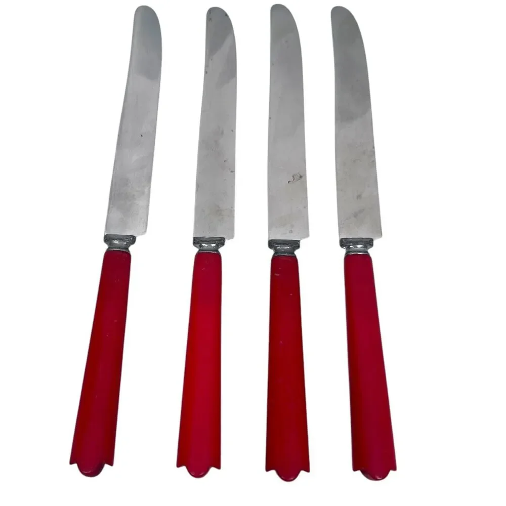 Vintage Englishtown Dinner Knives Lot 4‎ Stainless Steel and Red Bakelite Handle